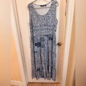 Lands' End Sleeveless Blue & White Printed Maxi Dress